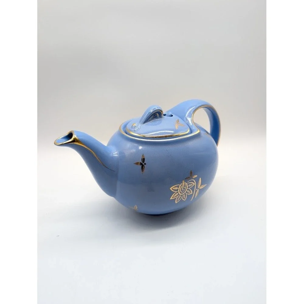Vintage Hall USA Pottery 0749 Tea Pot Hook Cover Lid Cadet Blue Floral 1940's